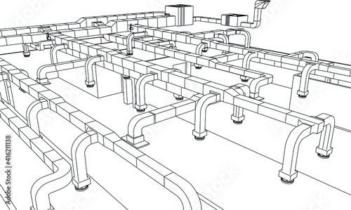 architectural wireframe of HVAC system in BIM vector