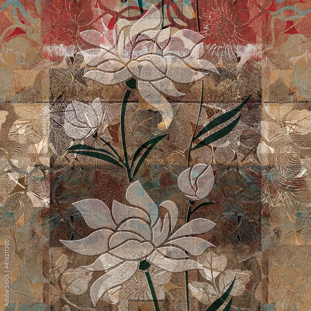 brown and red color flower design image use for wall tile and wall paper 