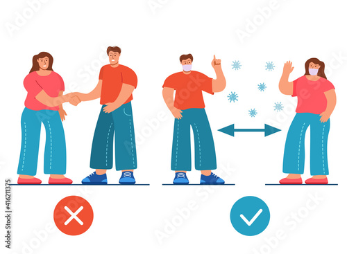 Man and woman wearing surgical mask.Social distancing to prevent coronavirus.Alternative safely greetings to avoid physical contact. Safe greeting.Cartoon characters Outline vector flat.