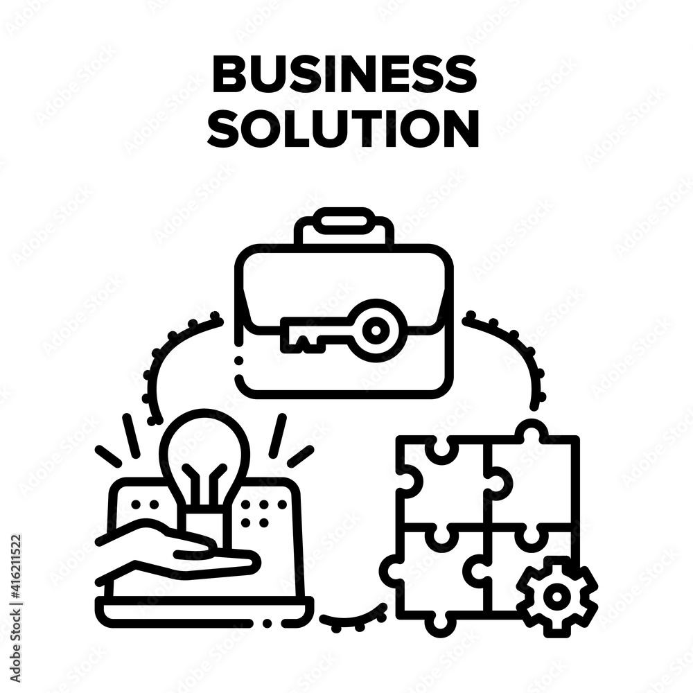 Business Solution Strategy Vector Icon Concept. Business Solution Of Company Problem And Brainstorming Team Of Solving Challenge, Planning And Organizing Idea. Teamwork Black Illustration Business Solution Strategy Vector Icon Concept. Business Solution Of Company Problem And Brainstorming Team Of Solving Challenge, Planning And Organizing Idea. Teamwork Black Illustration