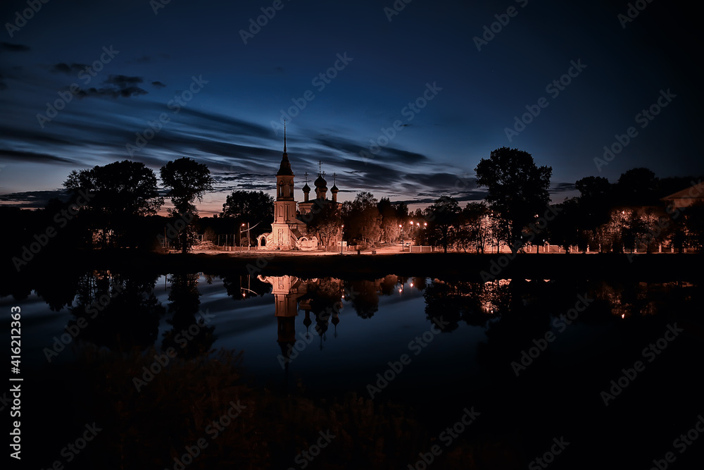 night landscape church near russia river, abstract historical landscape architecture christianity in russia tourism