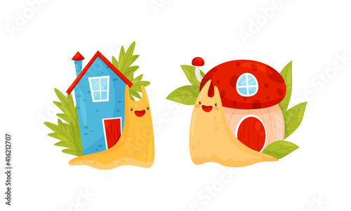 Cute Cartoon Snails Carrying House on Their Backs Vector Set