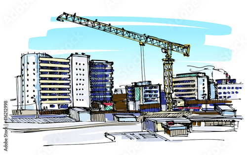 Construction site sketch. Tower crane building business and production property