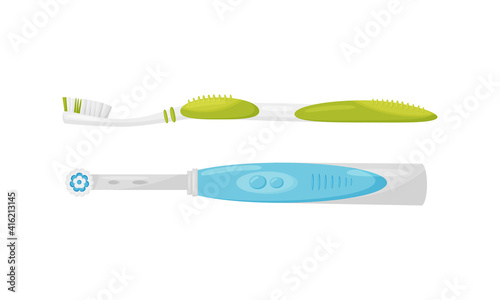 Plastic Toothbrush with Bristles and Handle as Oral Hygiene Instrument Vector Set