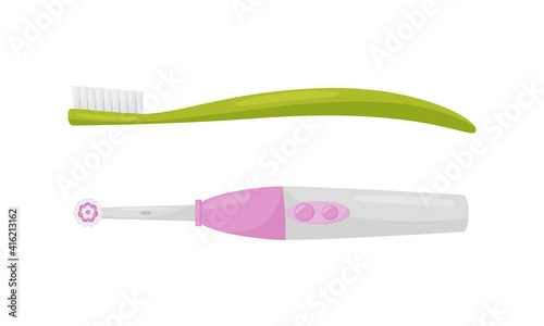 Plastic Toothbrush with Bristles and Handle as Oral Hygiene Instrument Vector Set