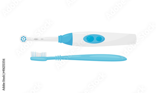 Plastic Toothbrush with Bristles and Handle as Oral Hygiene Instrument Vector Set