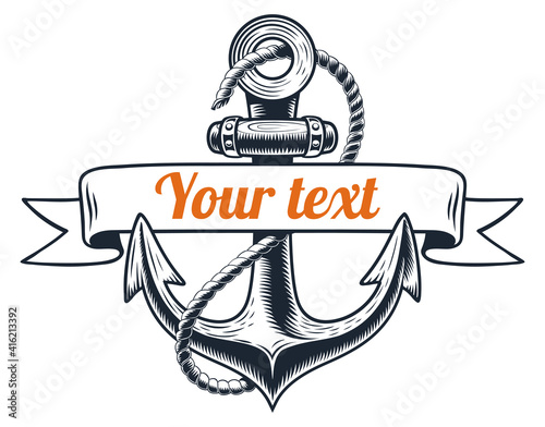 Marine huge anchor from military or civilian ships of the nineteenth century with a ribbon for inscriptions. Anchor template for tattoos. Marine navigation theme for sailors.