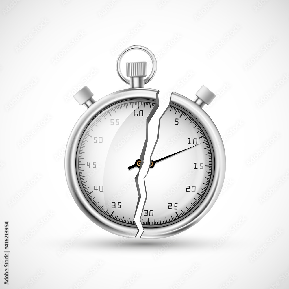 Stopwatch icon is broken into two parts. Timer with a crack. Stopwatch icon is broken into two parts. Timer with a crack.