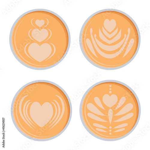 Coffee art on foam  set of pattern designs on latte in the shape of hearts and curls  top view of coffee cups