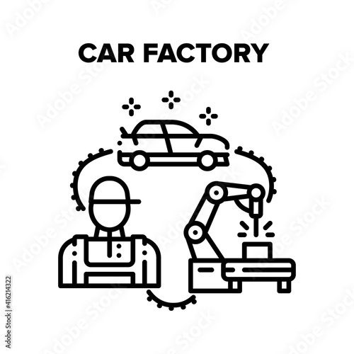 Car Factory Vector Icon Concept. Car Factory Robotic Arm for Manufacturing And Building Equipment, Plant Worker Engineer And Electronic Construction Tool. Production Line Machine Black Illustration