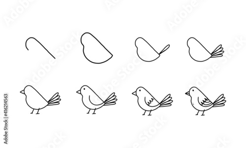 how to draw a cute bird step by step. pets animal cartoon coloring character collection for kids. easy funny animal drawing illustration for kids creativity. drawing guide book in vector design.