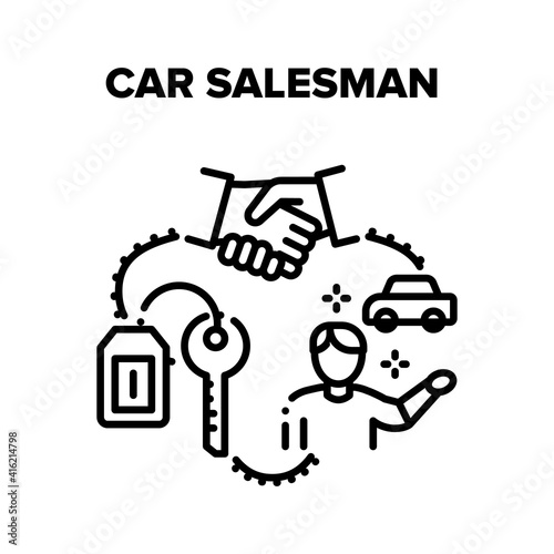 Car Salesman Vector Icon Concept. Car Salesman Selling New Transport And Customer Buying Product, Successful Deal And Signing Buy Contract. Buyer Getting Key For New Vehicle lBlack Illustration photo