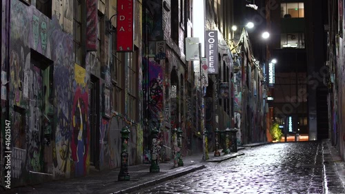 An empty laneway in Melbourne, Australia during the COVID curfew as coronavirus restrictions grip Australia.