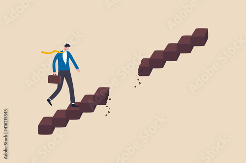 Career path obstacle, business problem or risk, challenge to achieve success or leadership to overcome difficulty concept, smart businessman walk to next level with caution of damaged broken staircase