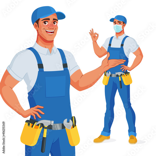 Handyman in overalls and tool belt presenting and showing OK. Vector illustration.