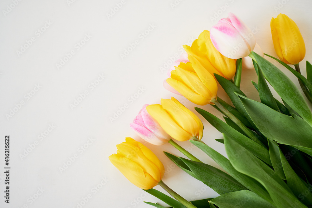 Spring holiday bouquet of yellow and pink tulips Spring holiday bouquet of yellow and pink tulips