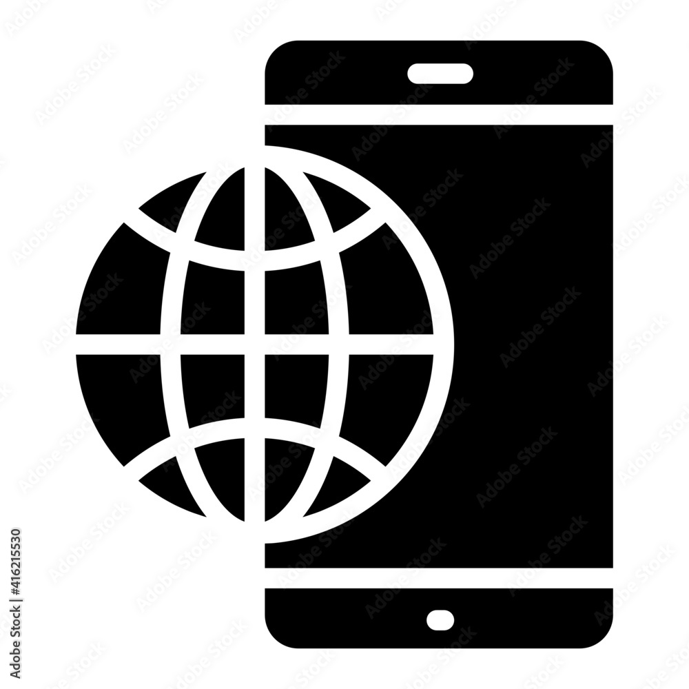 Globe with smartphone, solid design of mobile browser icon Globe with smartphone, solid design of mobile browser icon