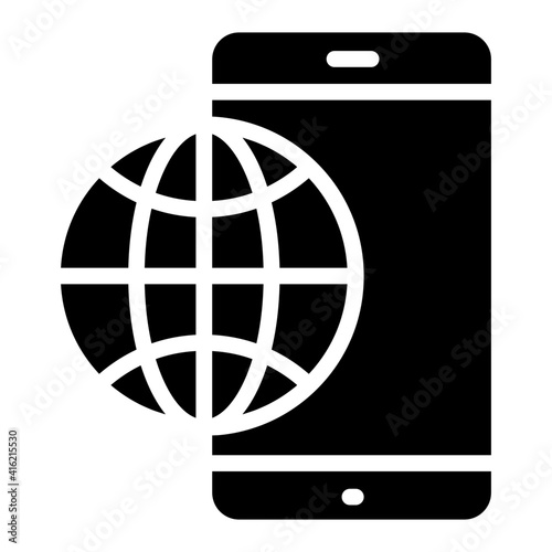 Globe with smartphone, solid design of mobile browser icon