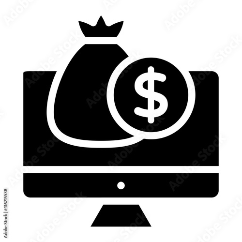 Money bag inside monitor, online investment icon