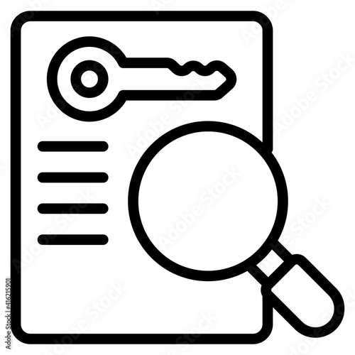 Key under magnifying glass on paper, icon of keyword research
