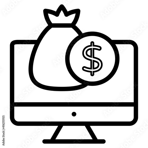 Money bag inside monitor, online investment icon