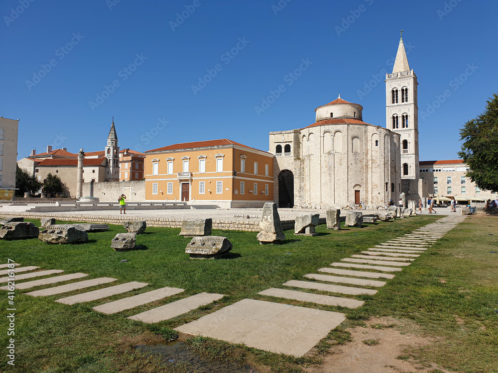 Bell towers of saint Ilya church, saint Anastasia cathedral, ancient roman forum and saint Donat church in town of Zadar