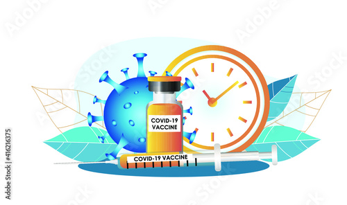 Vaccination time. Covid-19. Coronavirus vaccination with vaccine bottle and syringe injection tool for immunization treatment. Vector illustration.