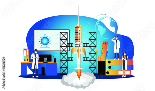 Vaccination concept design - man and woman doctors from the laboratory send a syringe with a vaccine to the earth. Coronavirus vaccination banner. Time to vaccinate. Vector illustration.