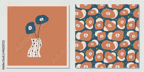 Retro, vintage flower card and seamless pattern. Whimsical and quirky flower and vase illustration in retro modern colors.