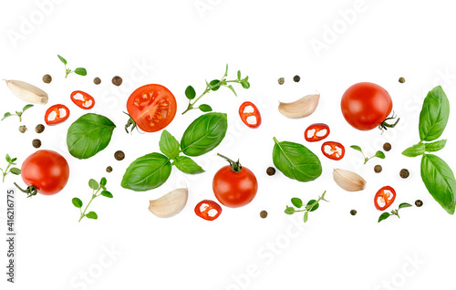 Tomato, basil, spices, chili pepper, onion, garlic. Vegan diet food, creative composition isolated on white. Fresh basil, herb, tomatoes pattern layout, cooking concept, top view. Banner