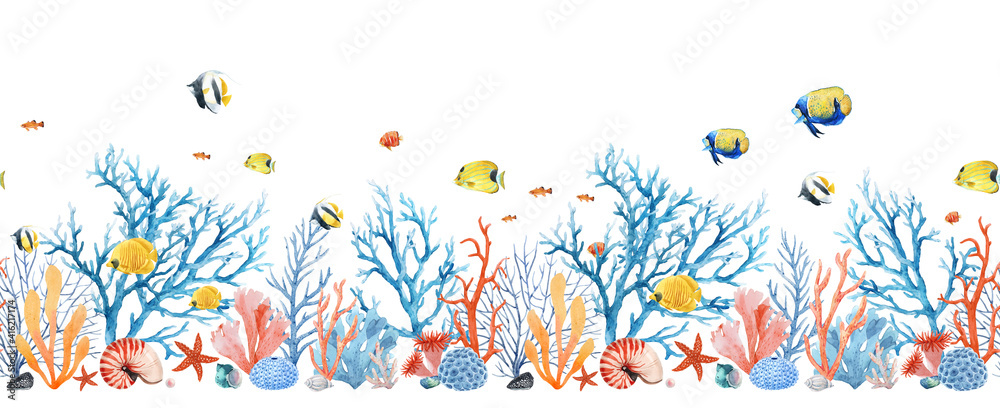 Beautiful seamless horizontal underwater pattern with watercolor sea life colorful corals and fish. Stock illustration.