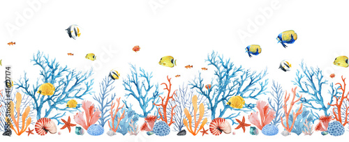 Tablou canvas Beautiful seamless horizontal underwater pattern with watercolor sea life colorful corals and fish