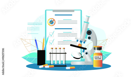 Vaccination concept design - bottle with vaccine and microscope. Coronavirus vaccination banner. Time to vaccinate. Vector illustration.