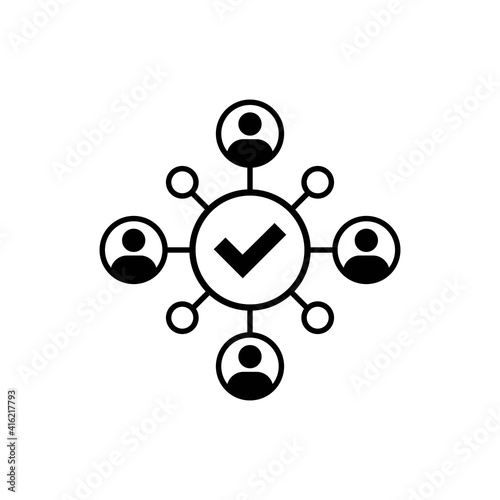 Unity icon. Cooperation, coworking icon. Successful communication employees. Teamwork, collaboration icon. Group of people with check mark. Successful communication.