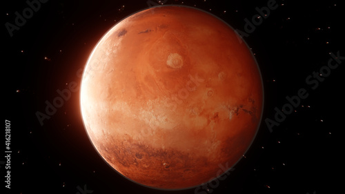 near view of mars, sun lighting surface of a red planet, 3d rendering