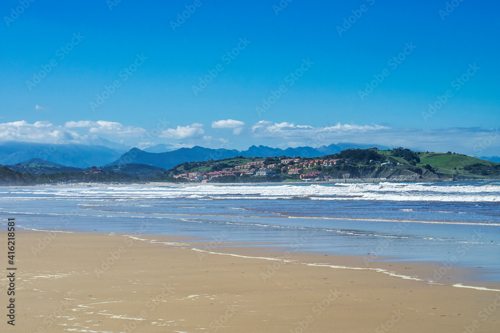 Beautiful landscape with beach in San Vincente de la Barquera in Spain. Bay of Biscay.