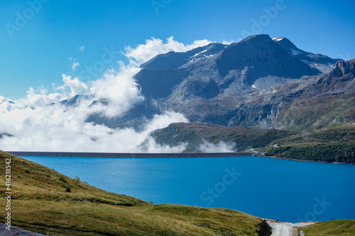 View of the artificial Mont Cenis Lake, in the Savoy department near Lanslevillard, Rhone-Alpes, France