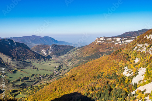 French countryside. Pas de l'Aubasse: View of the heights of the Vercors, the marly hills and the valley Val de Drome