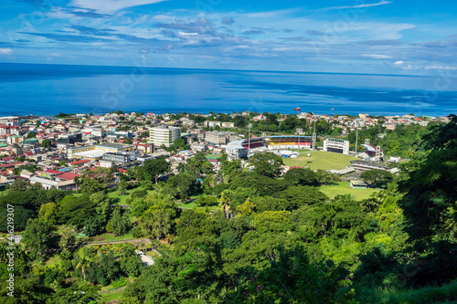 Scenic view of Roseau town and sea, Dominica island. Seen from the small mountain Morne Bruce