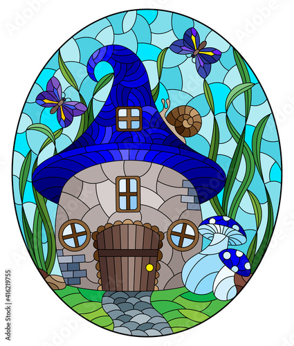 A stained-glass illustration with a fairy-tale dwarf house on a background of grass and blue sky, oval image