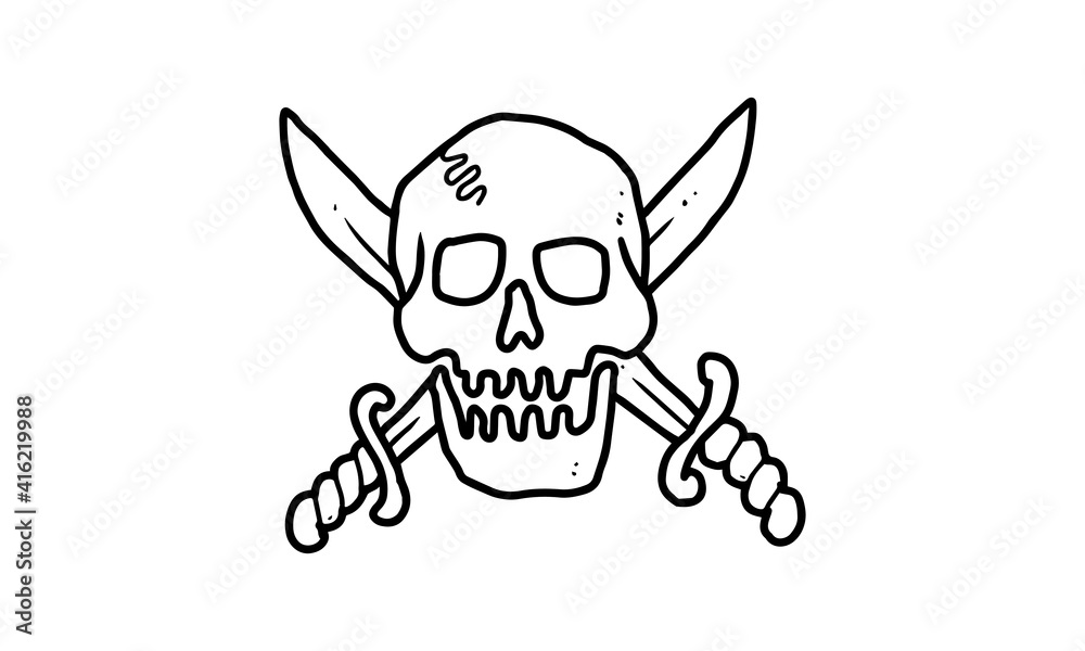 pirate skull with sword isolated on white background. outlined cartoon drawing of creepy, gothic, death icon for tattoo, poster, halloween theme, etc.