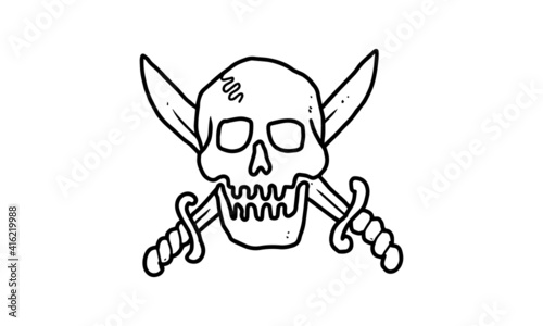 pirate skull with sword isolated on white background. outlined cartoon drawing of creepy, gothic, death icon for tattoo, poster, halloween theme, etc.