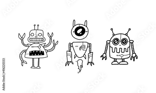 funny futuristic robots cartoon set isolated on white background. cute colorless robot illustration hand drawn in vector design.