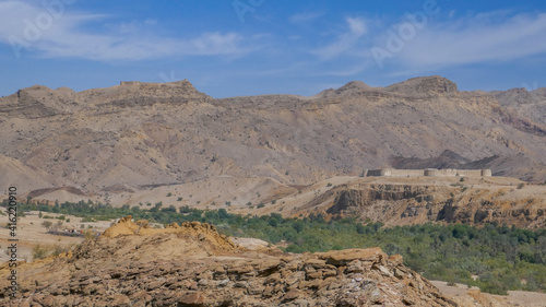 Desert panorama view of Miri Kot fort inside the huge ancient Ranikot fortress known as the great wall of Sindh in Jamshoro, Sindh, Pakistan