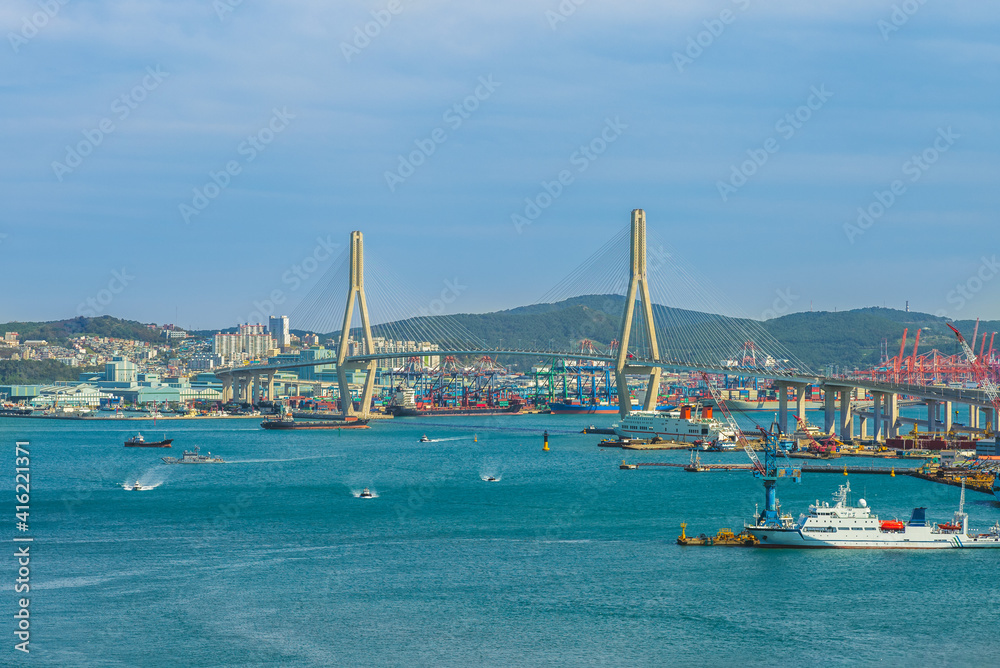 busan harbor and bridge in busan metropolitan city, south korea