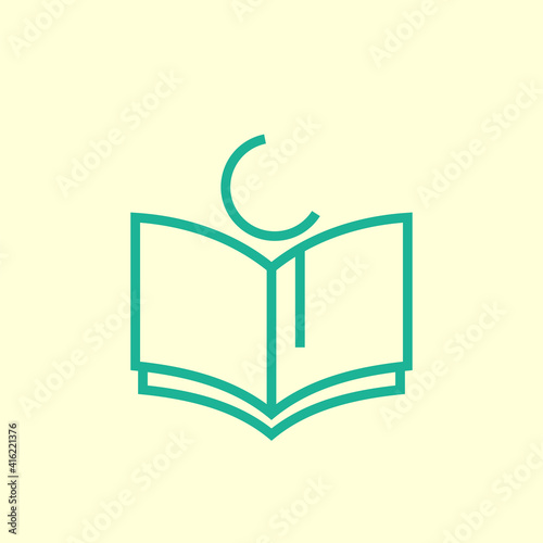 simple monoline open quran holy book of islam with crescent moon vector illustration for muslim education logo template design
