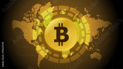 Bitcoin on world map and gold background, digital money concept, vector illustration.