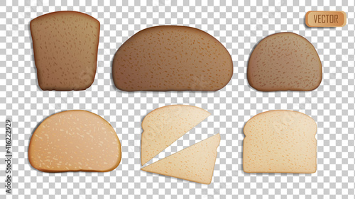 Set of rye and wheat slices of bread. Realistic isolated on transparent background vector illustration