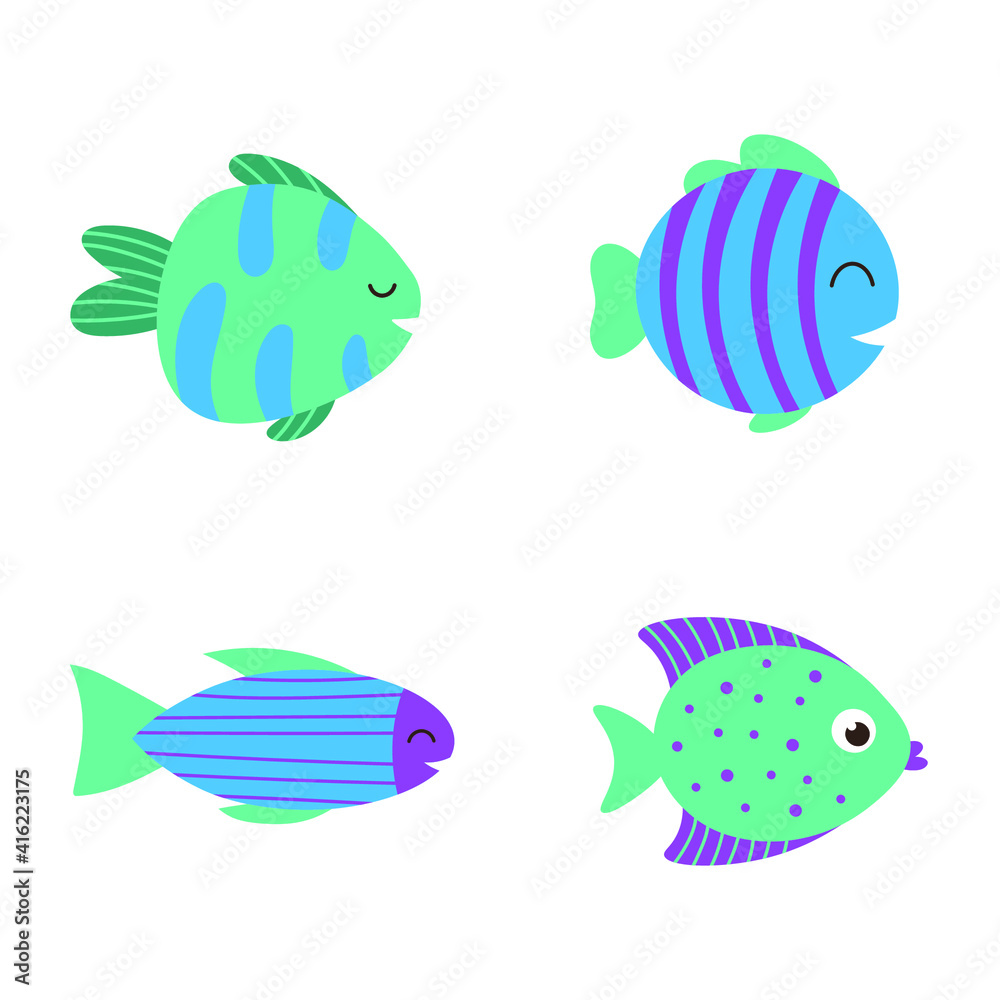 Isolated cute sea fish. Set of freshwater aquarium cartoon fish for print, children development. Varieties of decorative colored fish, flat geometric fish design Isolated cute sea fish. Set of freshwater aquarium cartoon fish for print, children development. Varieties of decorative colored fish, flat geometric fish design
