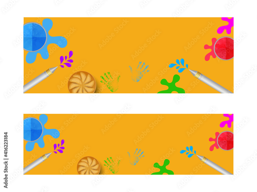 Website Header Or Banner Design With Top View Of Color Bowls, Water Guns, Indian Sweet (Gujia) On Yellow Background.